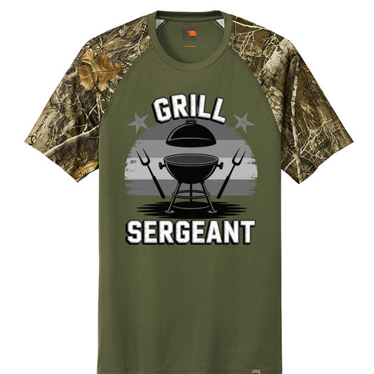 Olive raglan T-shirt with camo sleeves and BBQ sergeant graphic on front