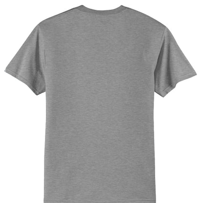 Athletic heather T-shirt, plain back with crew neck and short sleeves.