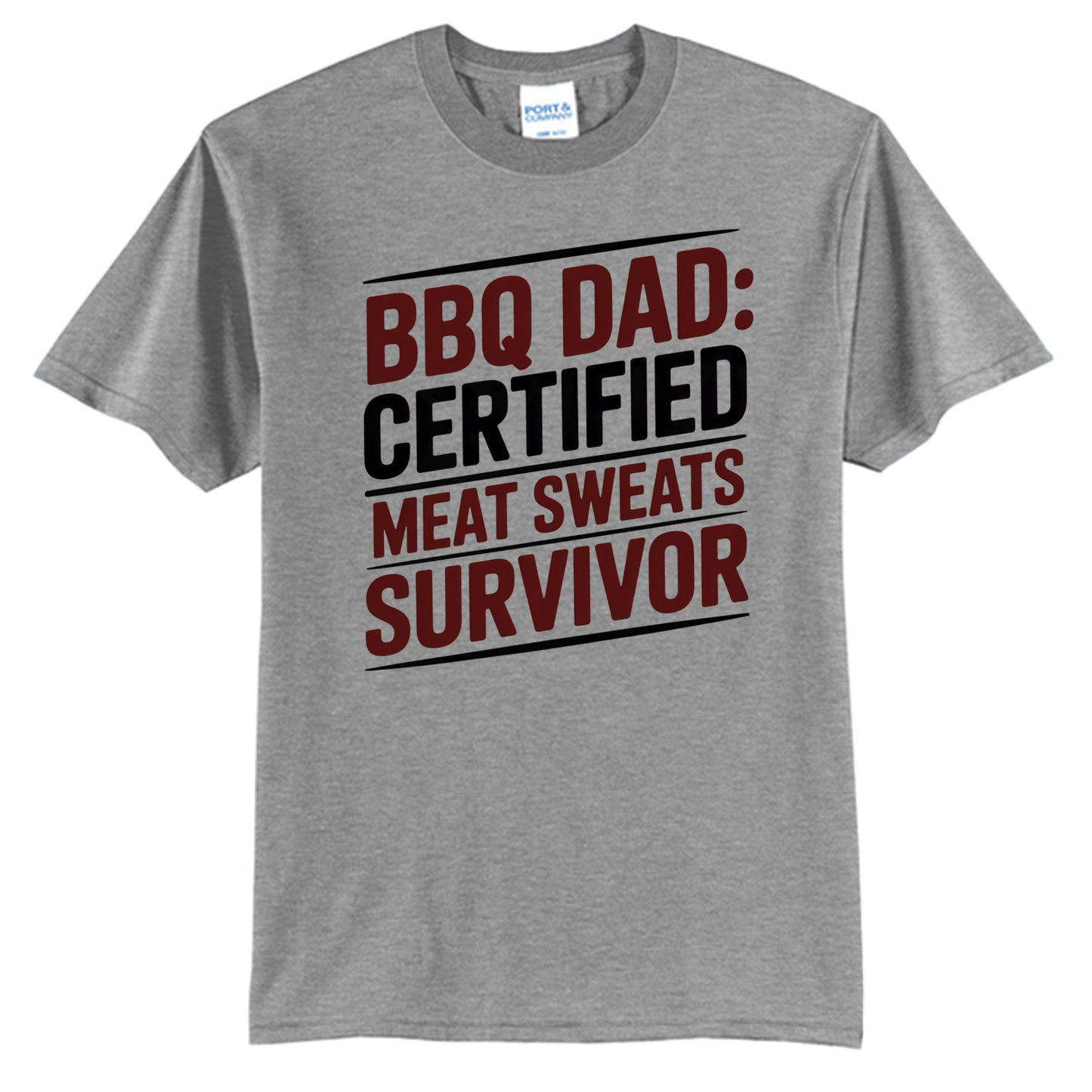 Athletic heather T-shirt with 'BBQ DAD: CERTIFIED' BBQ graphic print.
