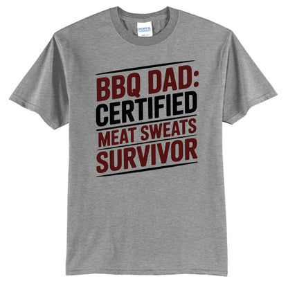Athletic heather T-shirt with 'BBQ DAD: CERTIFIED' BBQ graphic print.