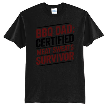 Jet black T-shirt with 'BBQ DAD: CERTIFIED' BBQ graphic print.