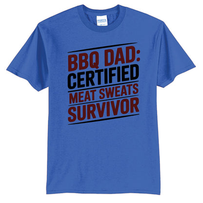 Royal blue T-shirt with 'BBQ DAD: CERTIFIED' BBQ graphic print.