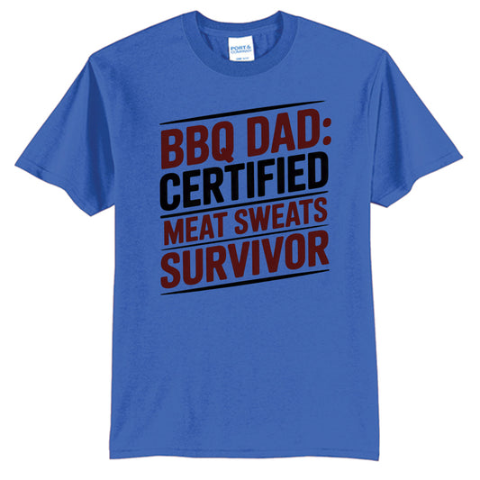 Royal blue T-shirt with 'BBQ DAD: CERTIFIED' BBQ graphic print.