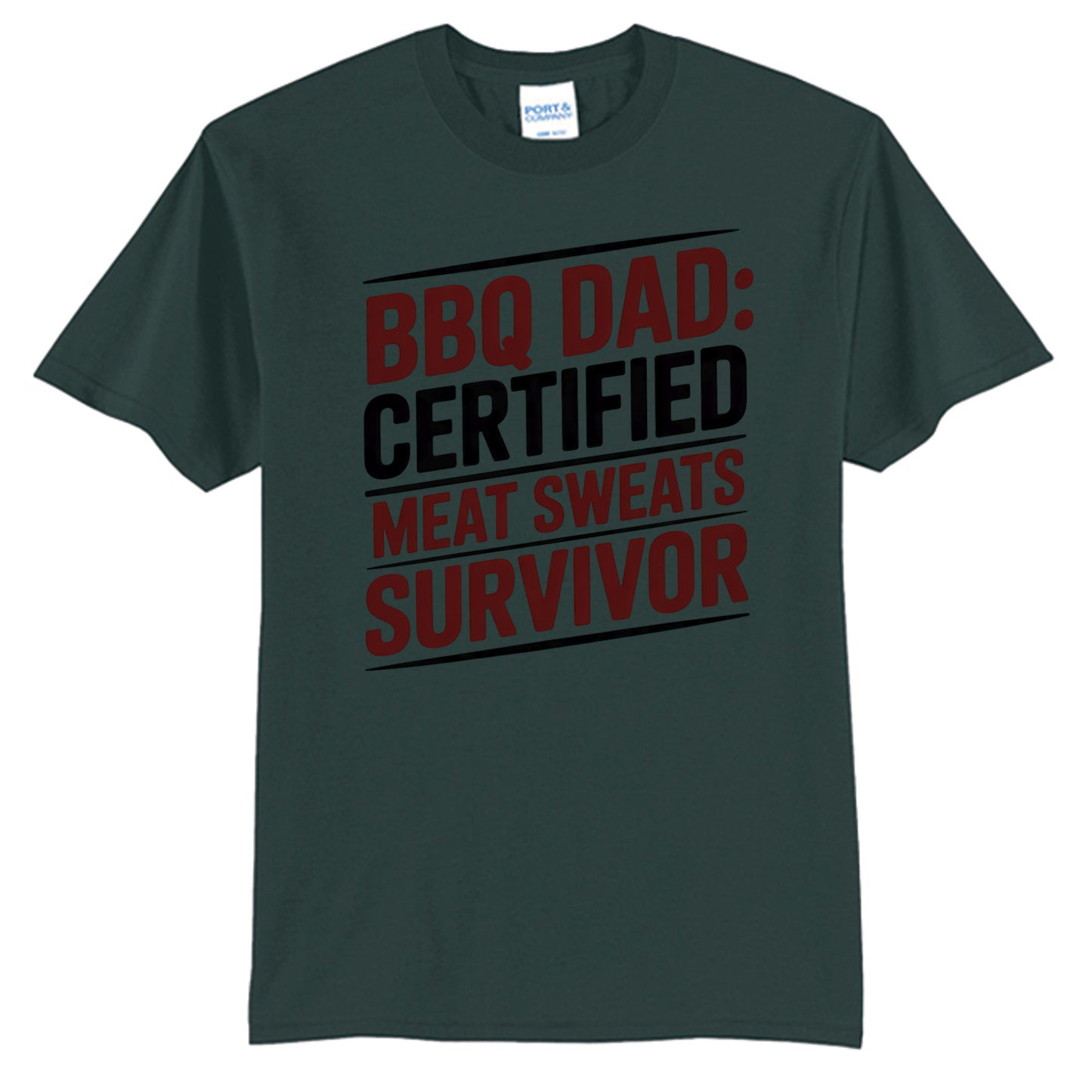 Dark green T-shirt with 'BBQ DAD: CERTIFIED' BBQ graphic print.