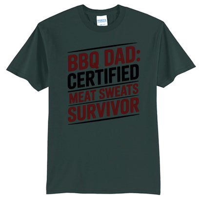 Dark green T-shirt with 'BBQ DAD: CERTIFIED' BBQ graphic print.
