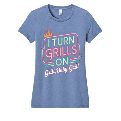 Women's BBQ graphic t-shirt in maritime heather blue, short sleeves, crew neck