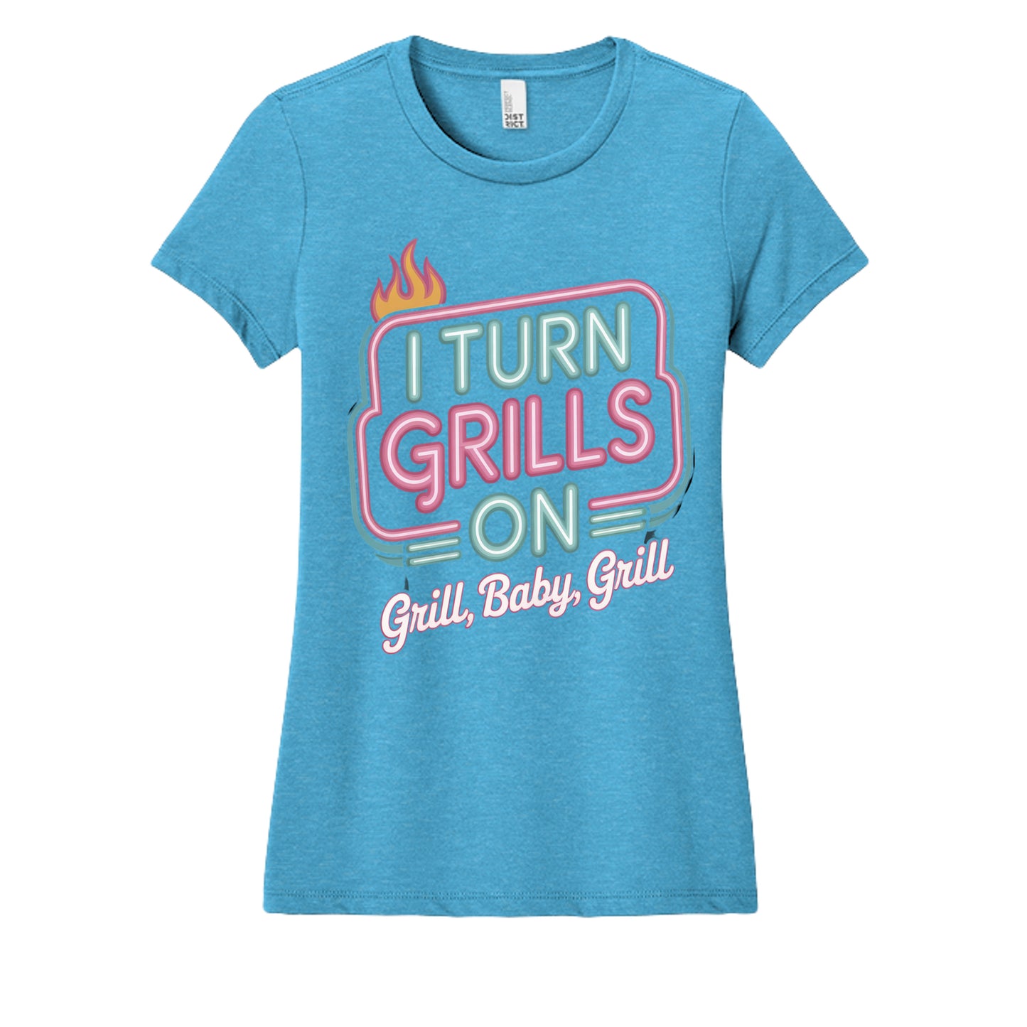 Women's BBQ graphic t-shirt in turquoise heather blue, short sleeves, crew neck