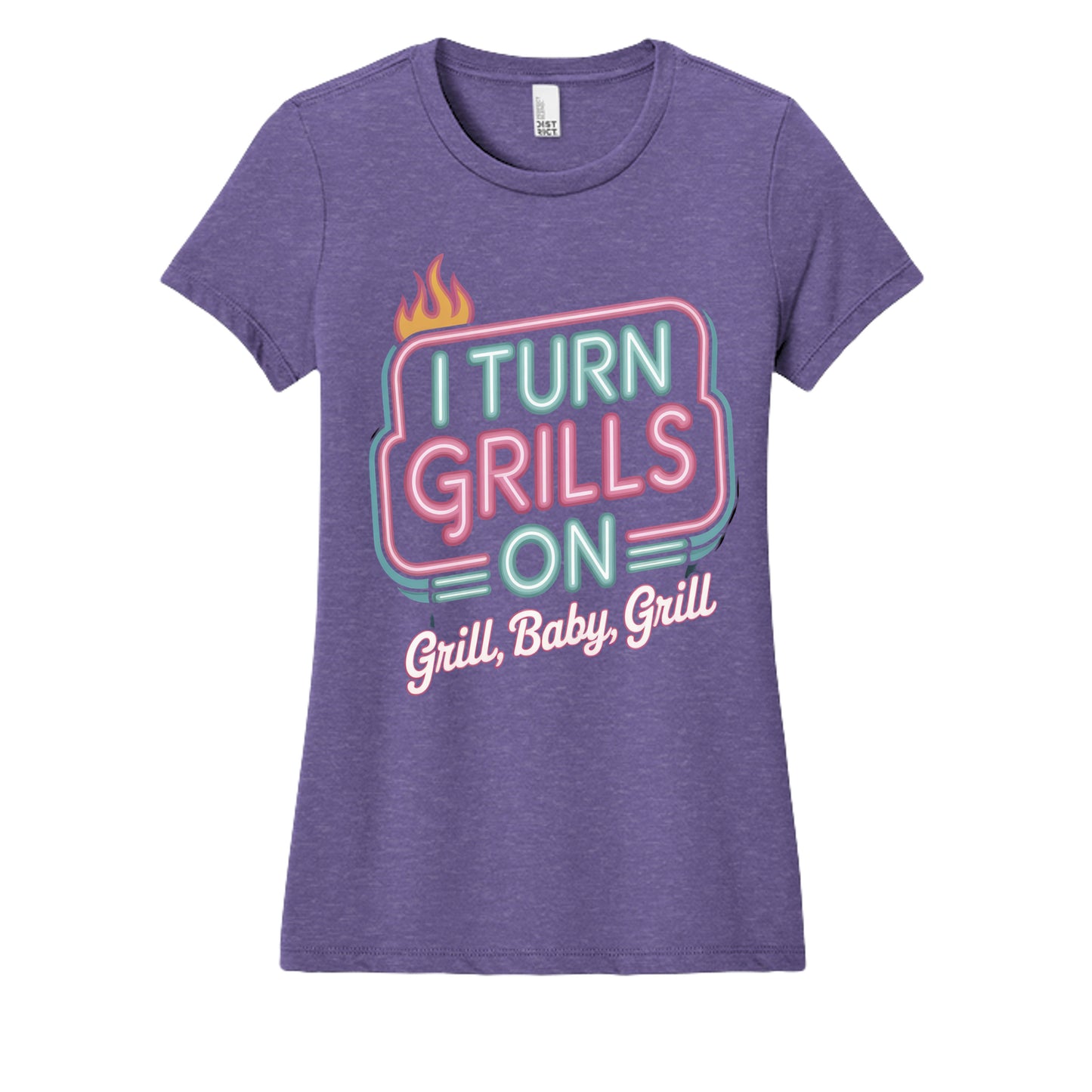 Women's BBQ graphic t-shirt in purple heather, short sleeves, crew neck
