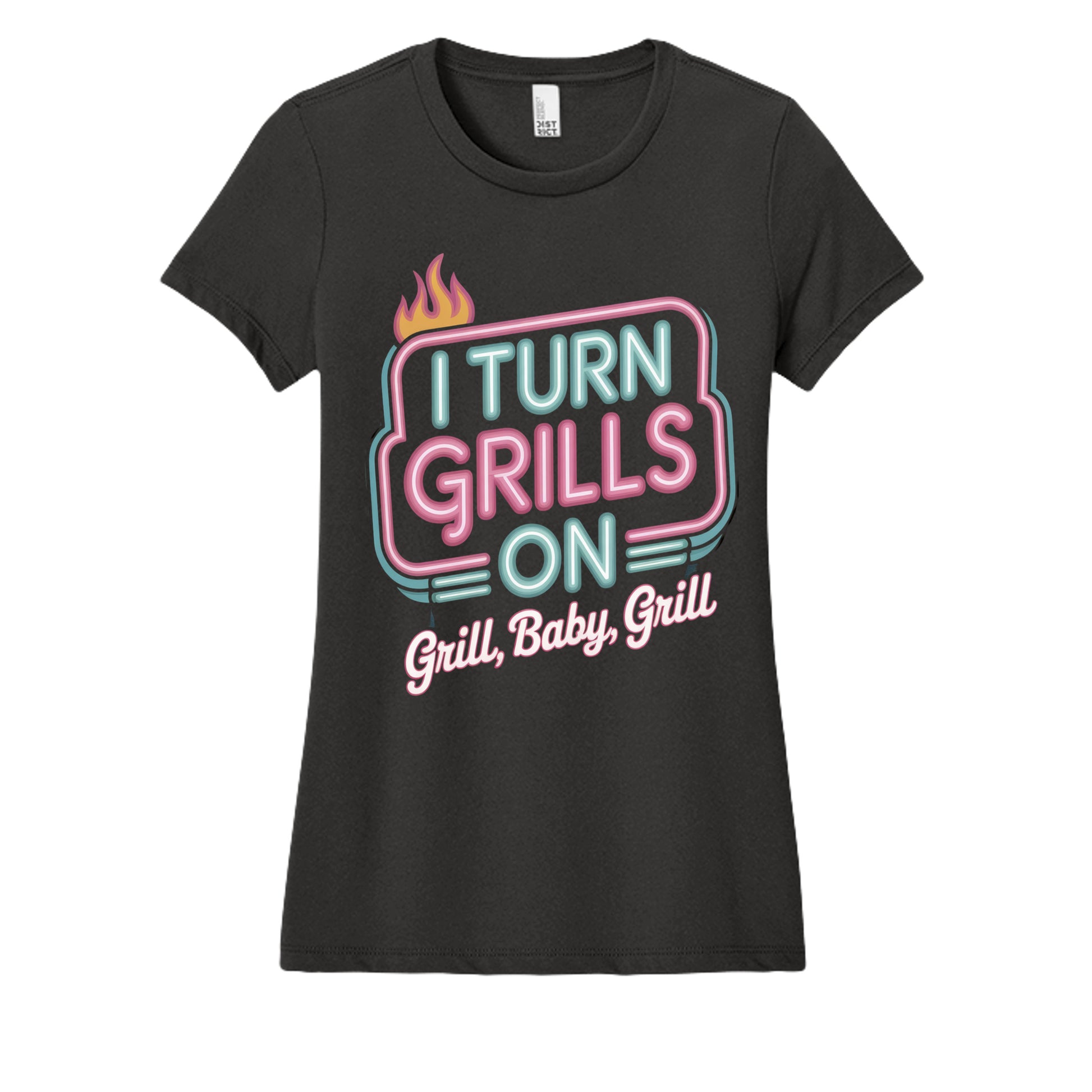 Black women's T-shirt with neon 'I TURN GRILLS ON' grill graphic
