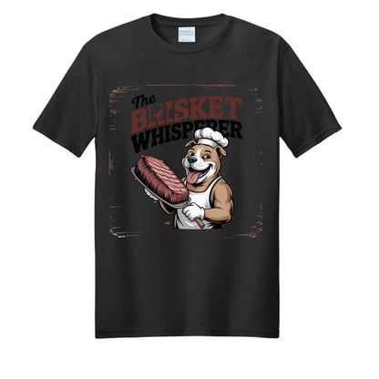 Black BBQ dad t-shirt with cartoon dog holding brisket and distressed BBQ text graphic