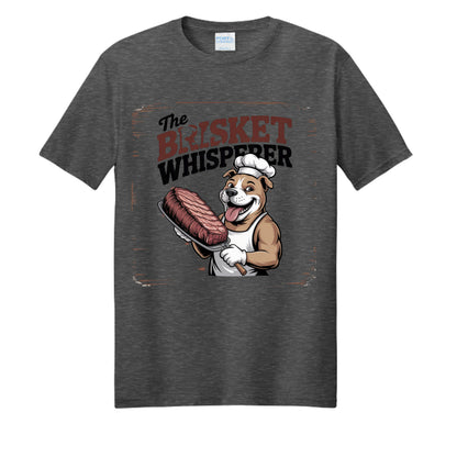 Heather gray T-shirt with dog holding brisket graphic and Brisket Whisperer text