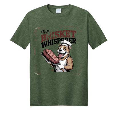 Heather green BBQ dad t-shirt with cartoon dog holding brisket and colorful BBQ text graphic