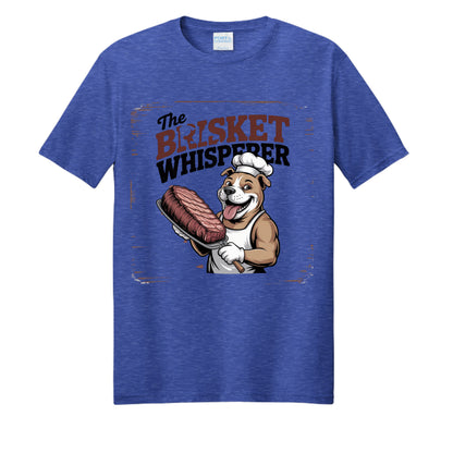 Heather blue BBQ dad t-shirt with cartoon dog holding a brisket and bold text graphic
