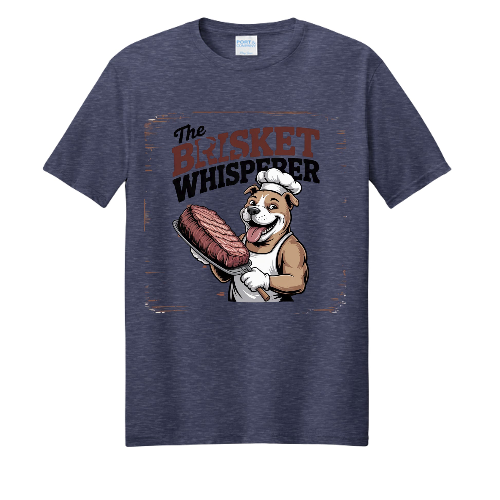 Heather navy BBQ dad t-shirt with cartoon dog holding brisket and colorful BBQ text graphic