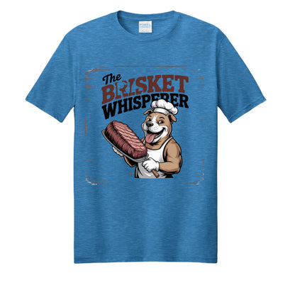 Heather blue BBQ dad t-shirt with cartoon dog holding a brisket and bold text graphic