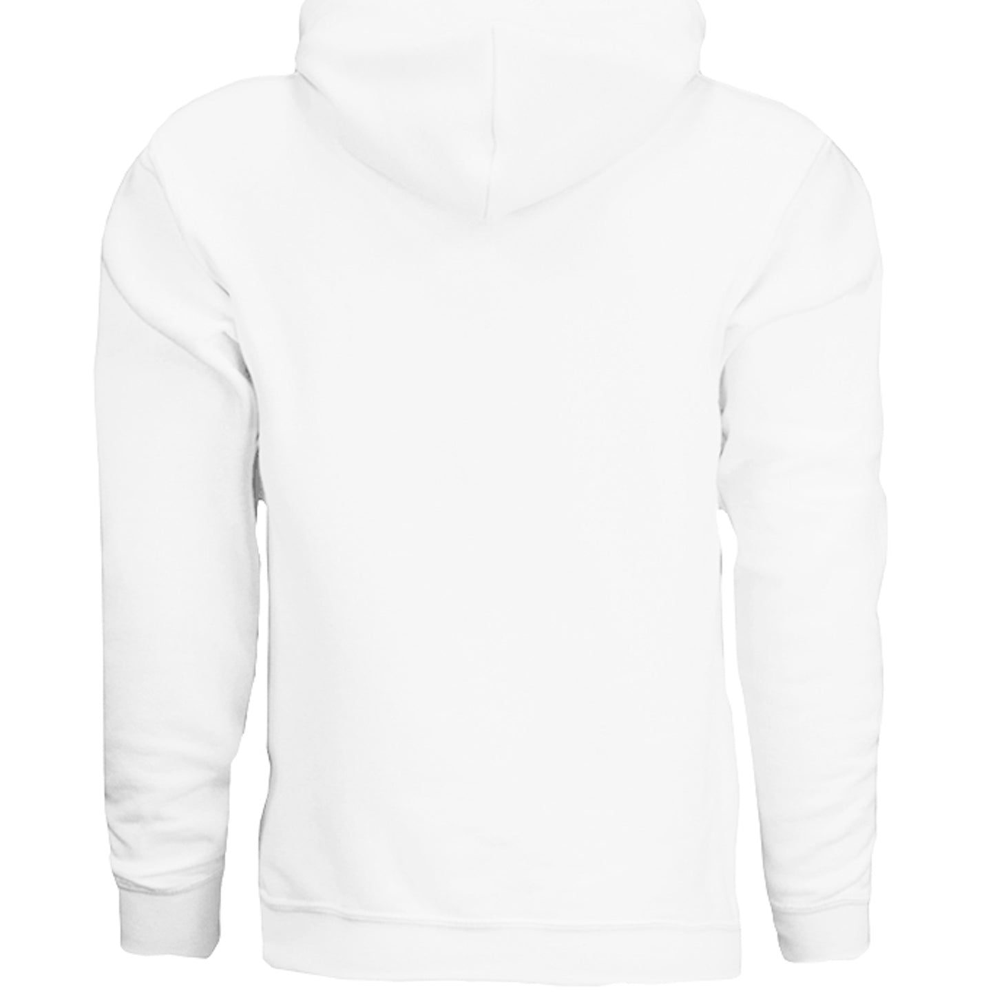 White hoodie with plain back and hood, no visible graphic.