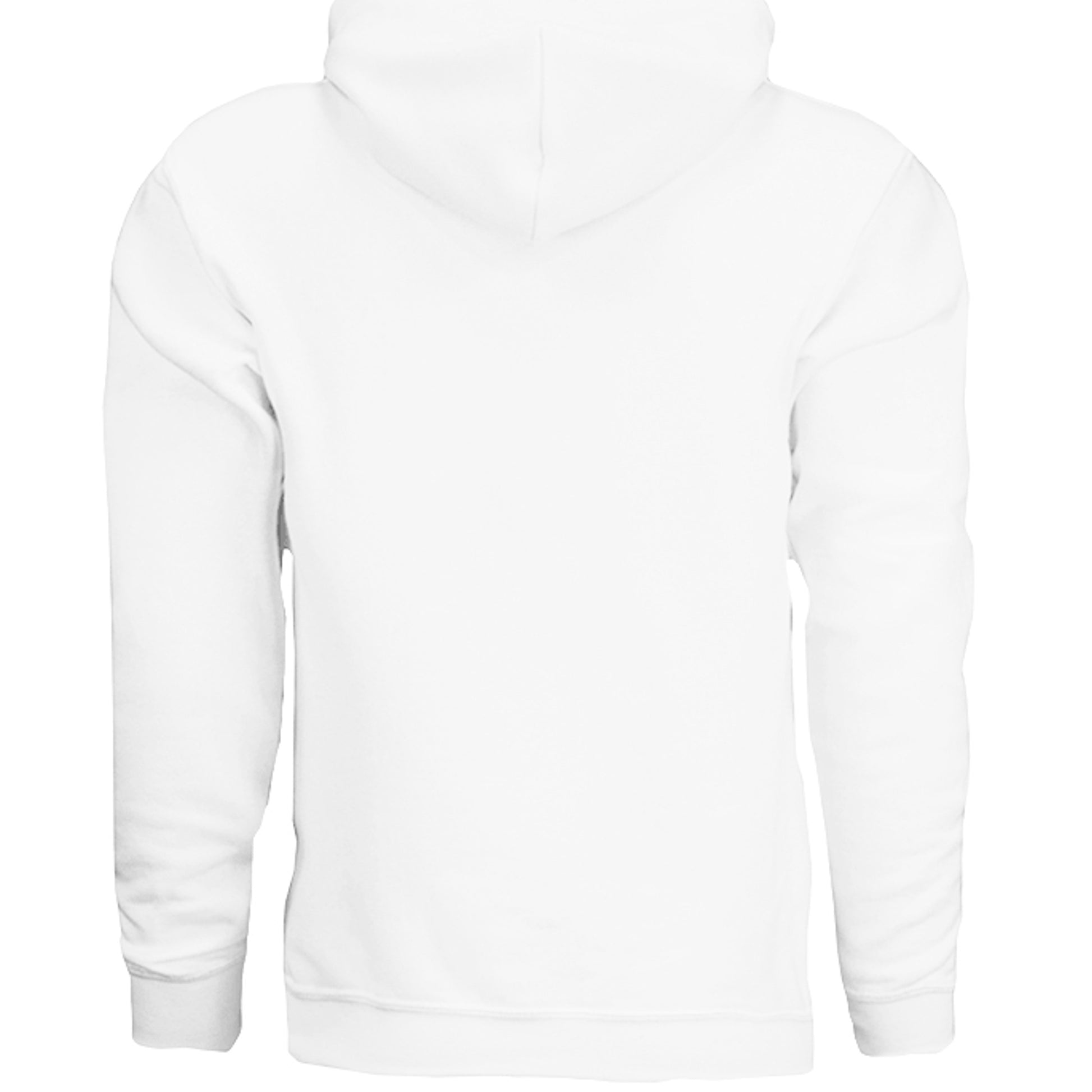 White hoodie with plain back and hood, no visible graphic.