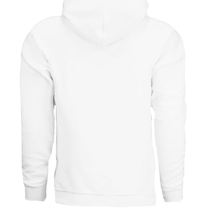 White hoodie with plain back and hood, no visible graphic.