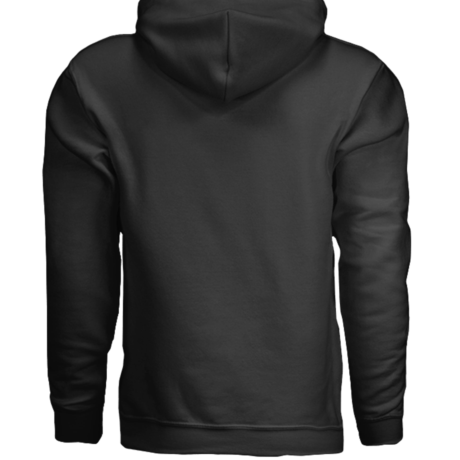 Black hoodie with plain back and hood, no visible graphic.