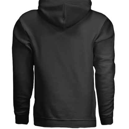 Black hoodie with plain back and hood, no visible graphic.