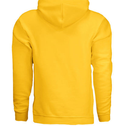 Yellow hoodie with plain back and hood, no visible graphic.