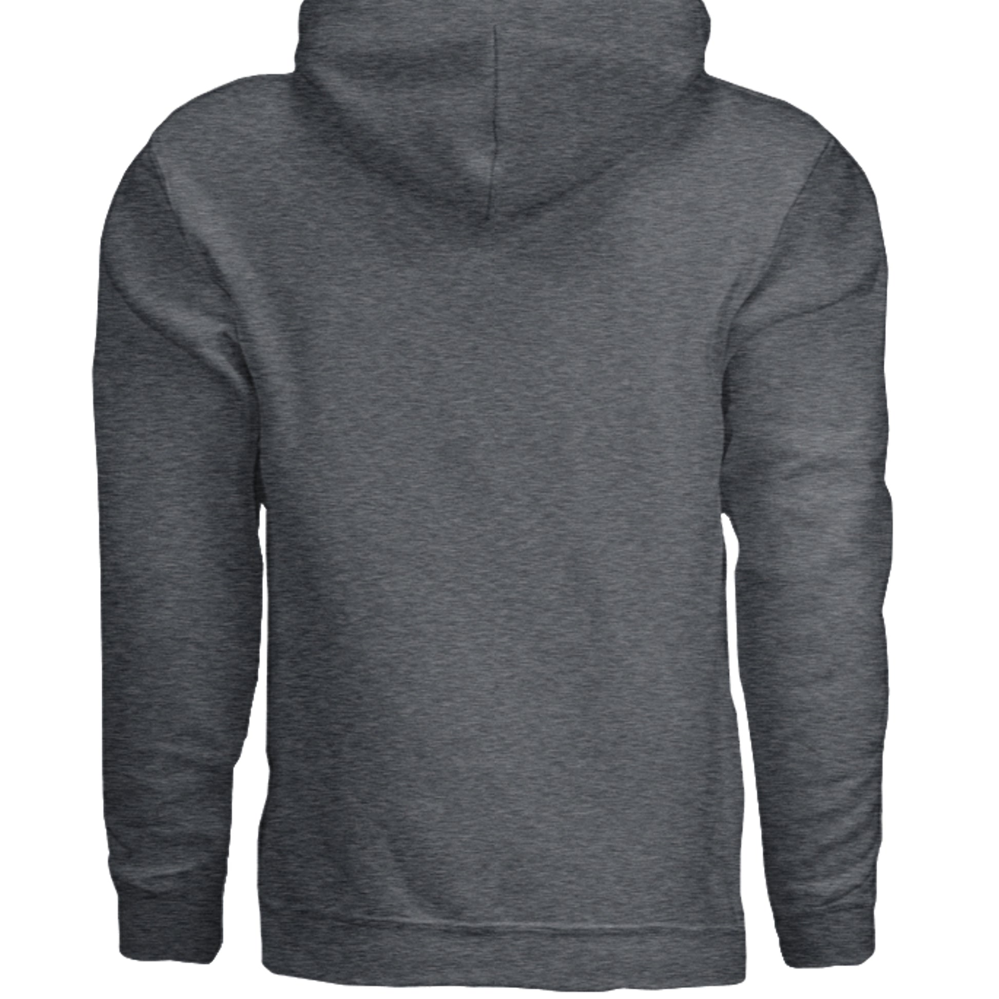 Dark heather gray hoodie with plain back and hood, no visible graphic.
