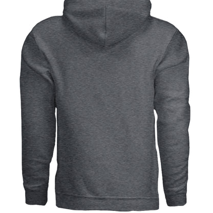 Dark heather gray hoodie with plain back and hood, no visible graphic.