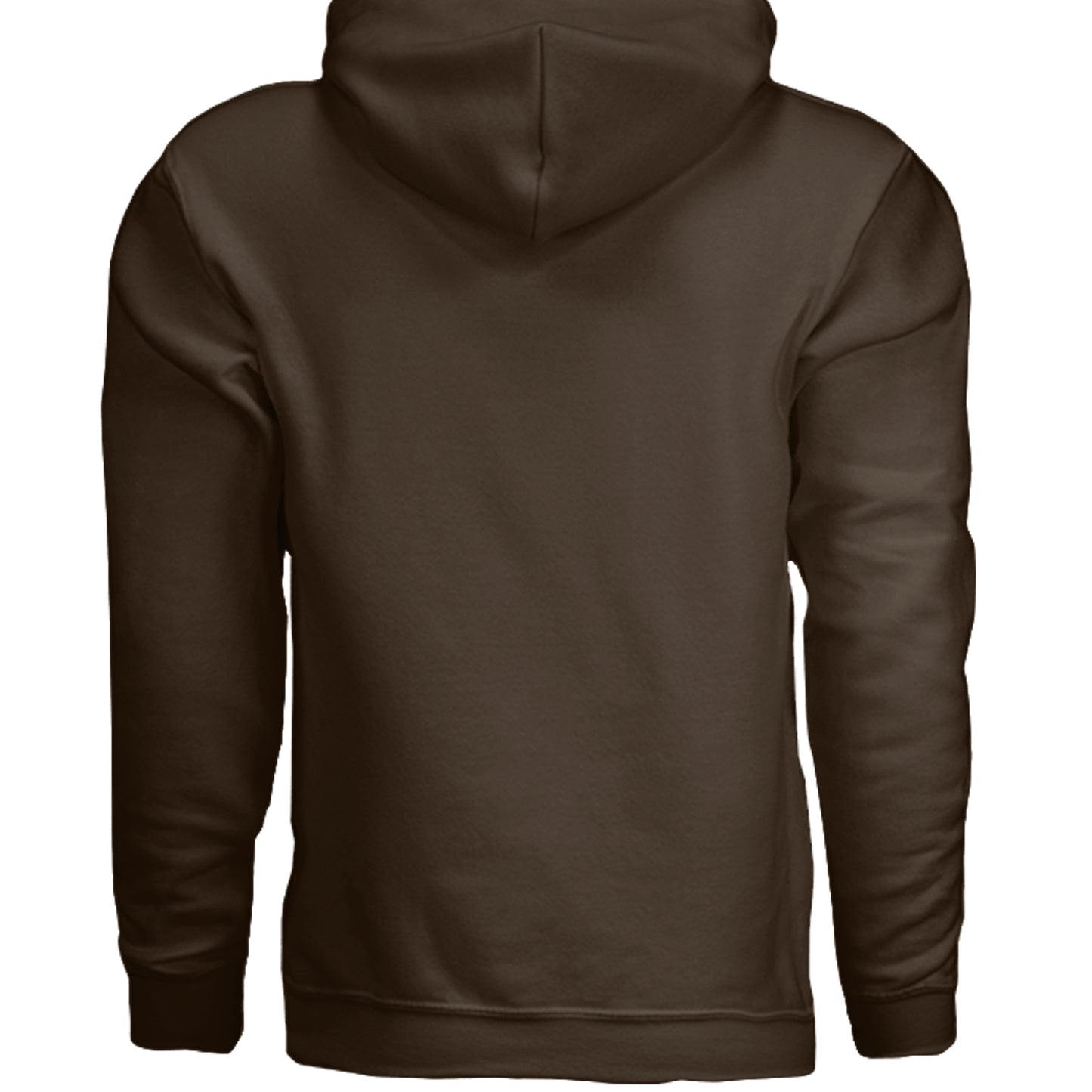 Dark brown hoodie with plain back and hood, no visible graphic.