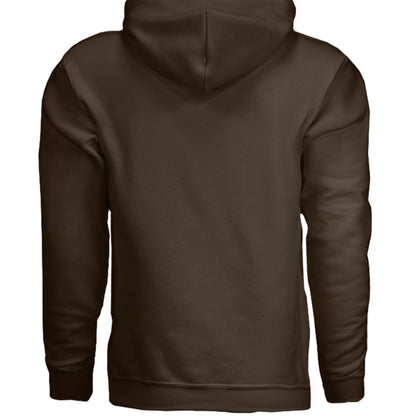 Dark brown hoodie with plain back and hood, no visible graphic.