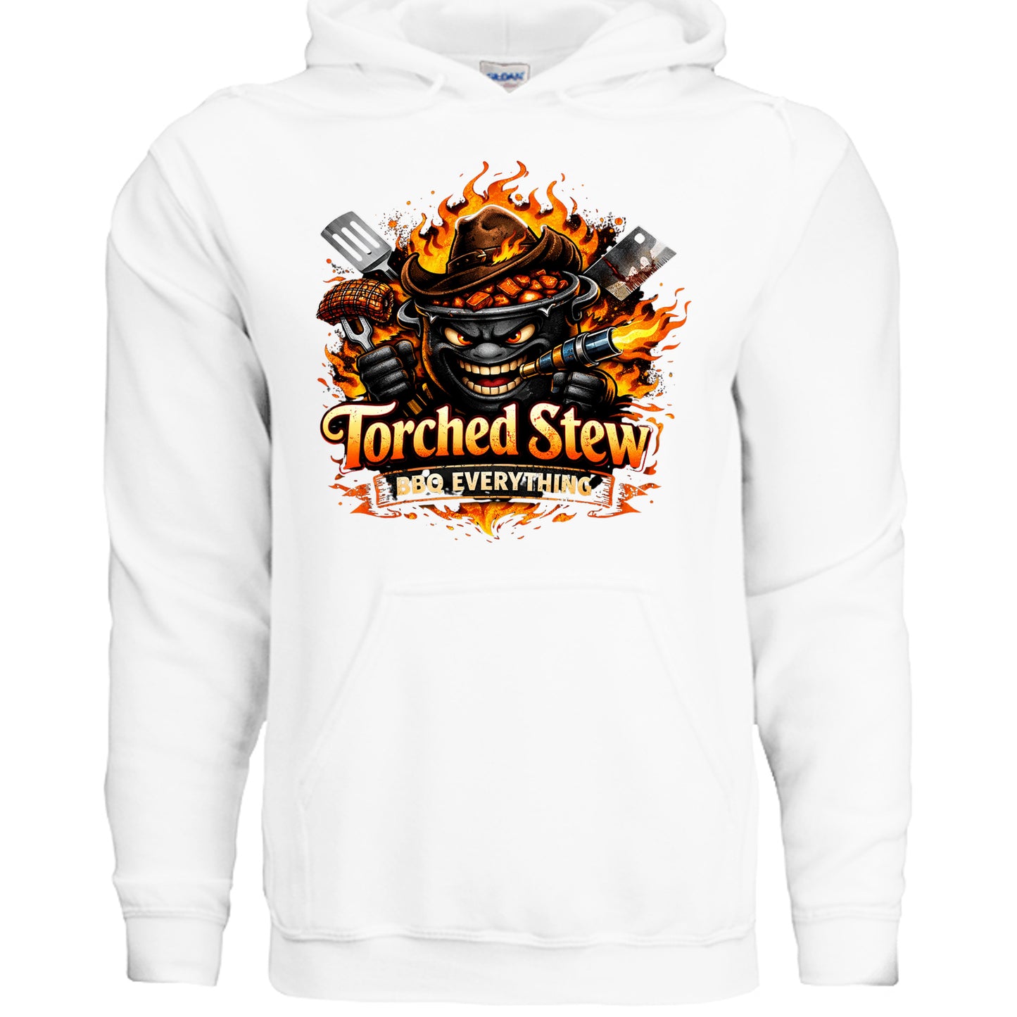 White hoodie with front flame cauldron skull graphic and kangaroo pocket.