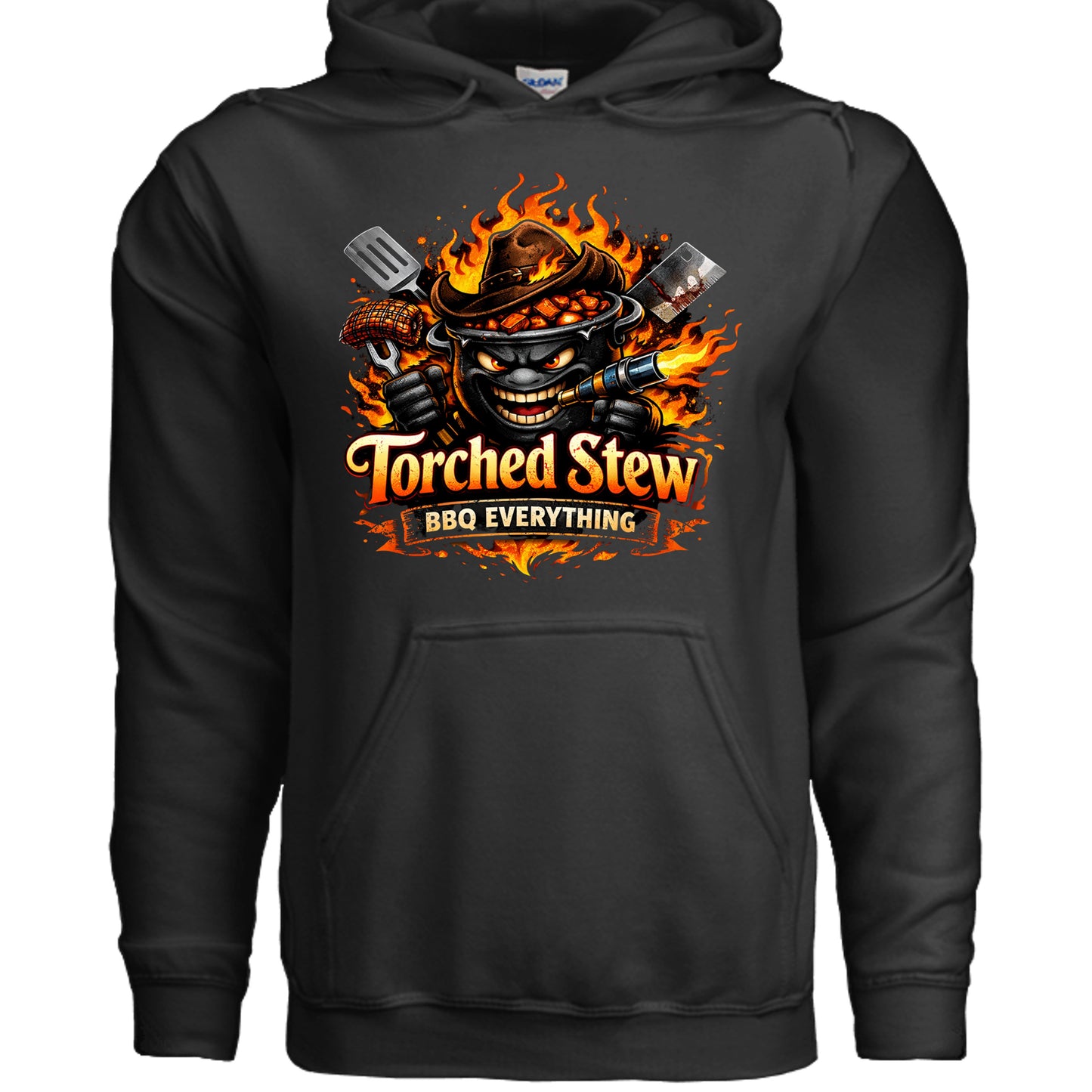 Black hoodie with front flame cauldron skull graphic and kangaroo pocket.