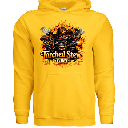 Yellow hoodie with front flame cauldron skull graphic and kangaroo pocket.