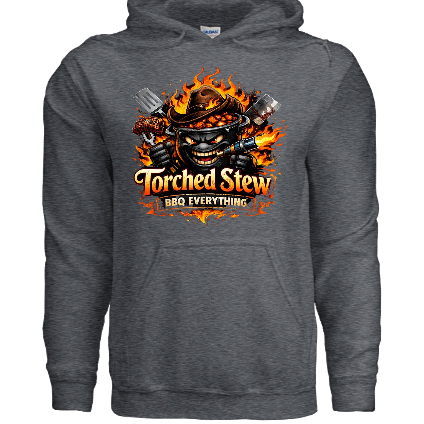 Dark heather gray hoodie with front flame cauldron skull graphic and kangaroo pocket.