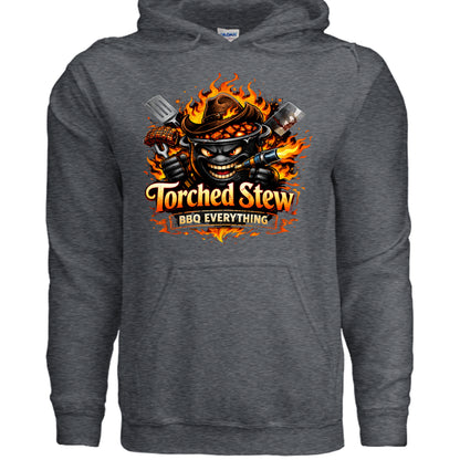 Dark heather gray hoodie with front flame cauldron skull graphic and kangaroo pocket.