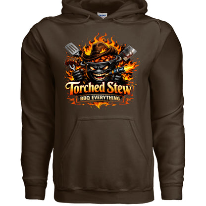 Dark brown hoodie with front flame cauldron skull graphic and kangaroo pocket.