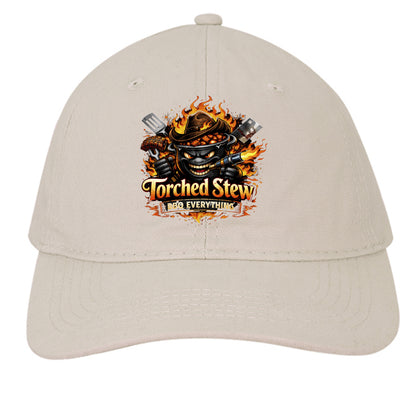 Stone BBQ cap with TorchedStew flame logo on the front panel