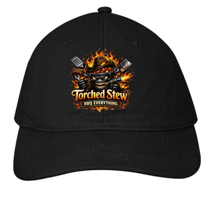 Black BBQ cap with TorchedStew flame logo on the front panel