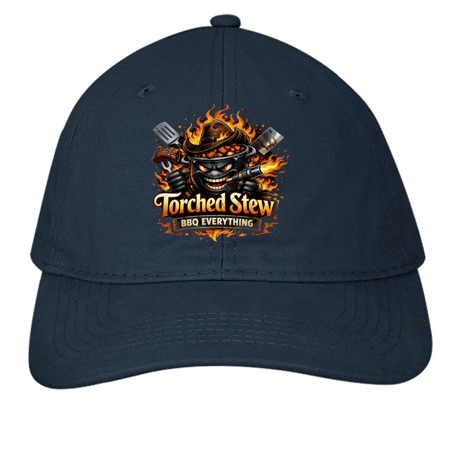 Navy BBQ cap with TorchedStew flame logo on the front panel