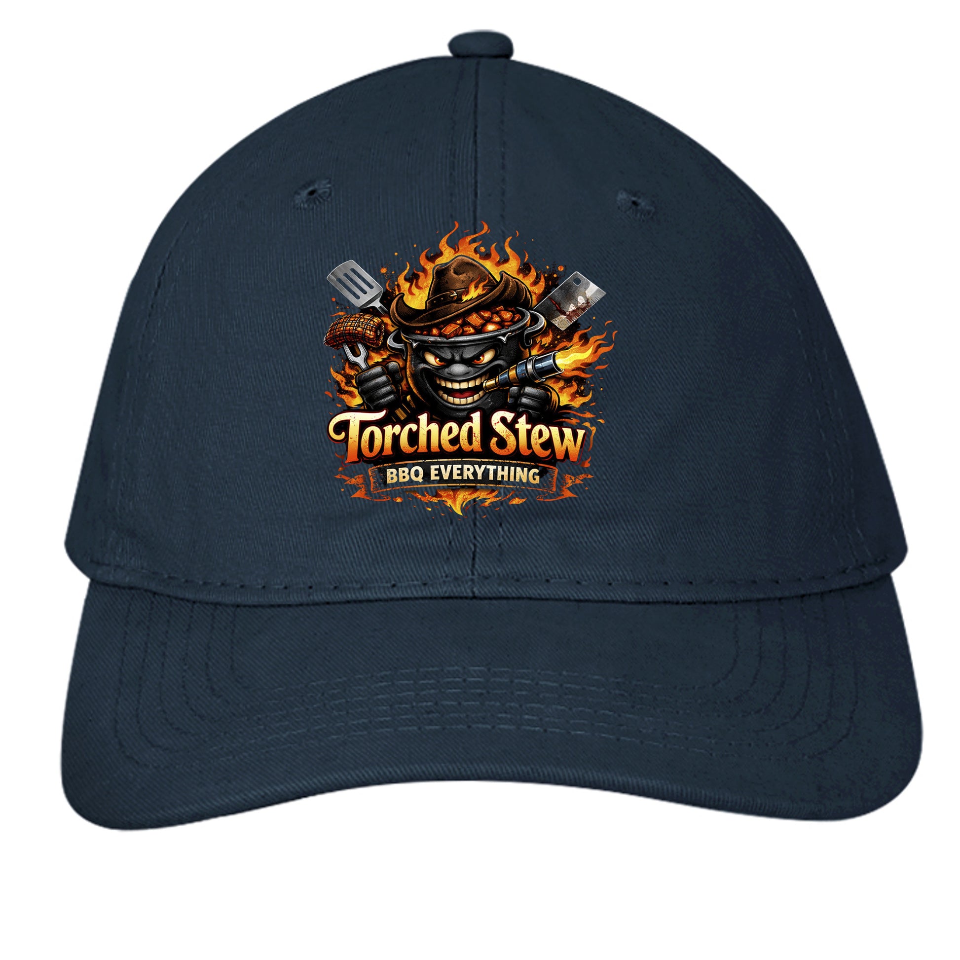 Navy BBQ cap with TorchedStew flame logo on the front panel