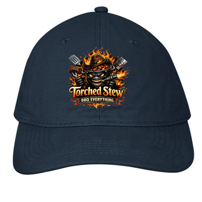 Navy BBQ cap with TorchedStew flame logo on the front panel