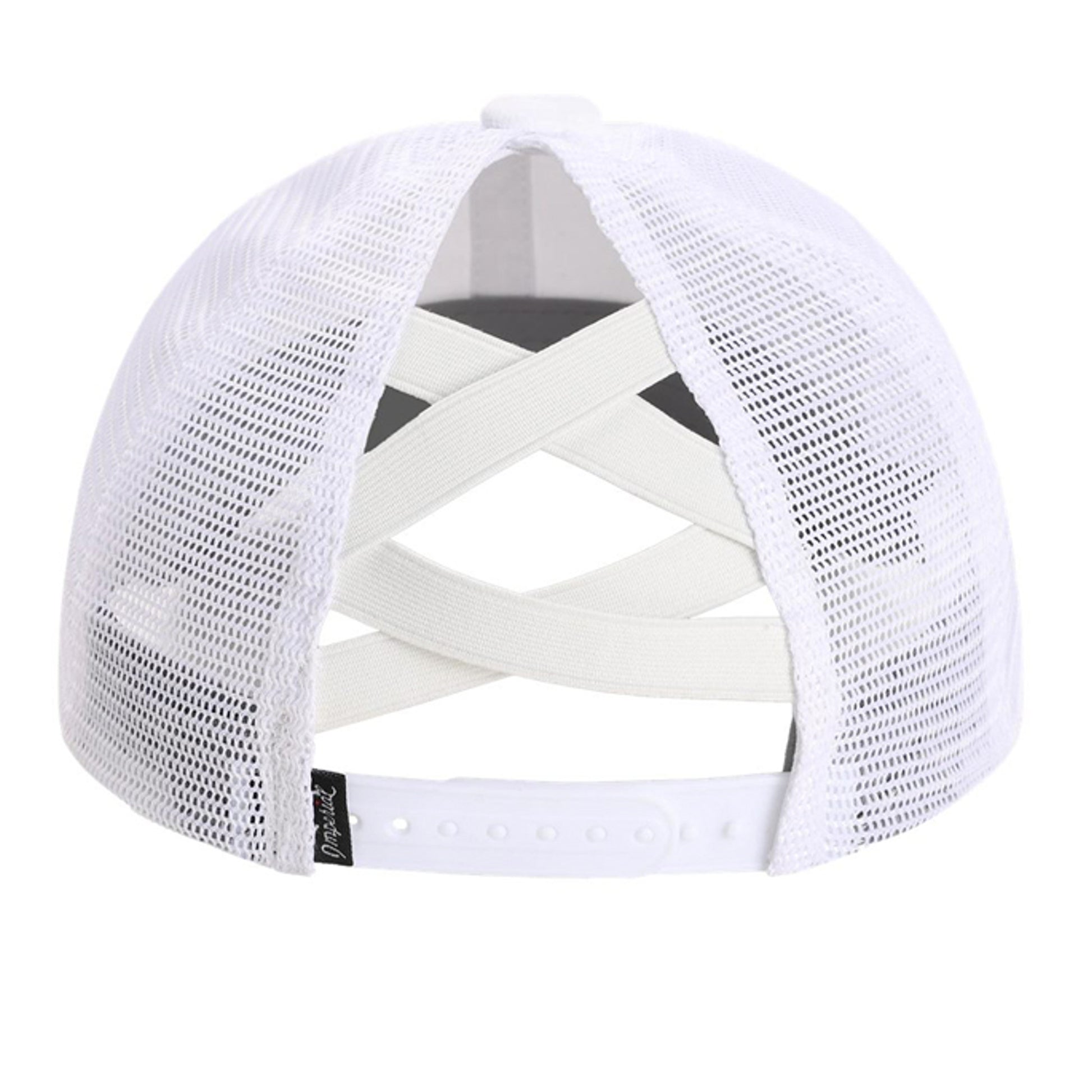 White mesh back cap with adjustable strap and crossed back panel view