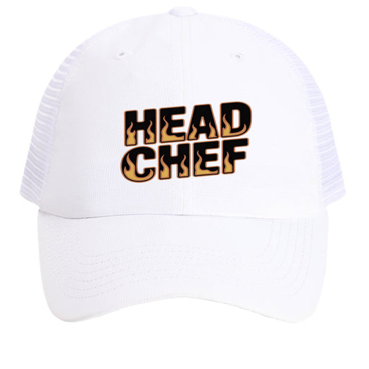 White mesh back cap with embroidered "HEAD CHEF" logo on front panel
