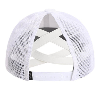 White mesh back cap with crossed strap back and adjustable band