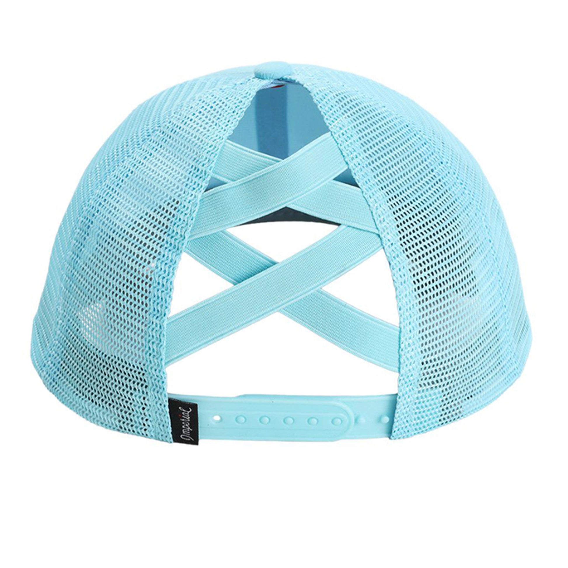 Light blue mesh back cap with crossed strap back and adjustable band
