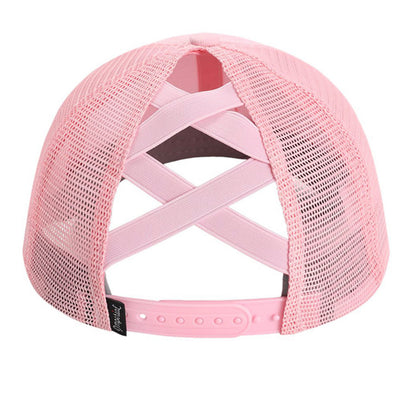 Pink mesh back cap with crossed strap back and adjustable band