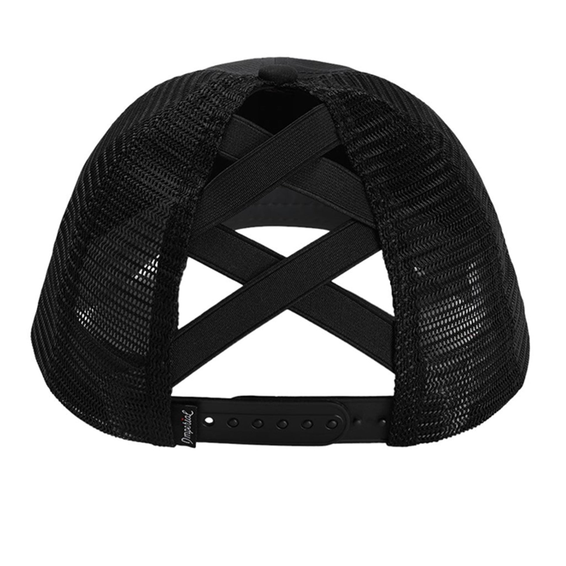 Black mesh back cap with crossed strap back and adjustable band