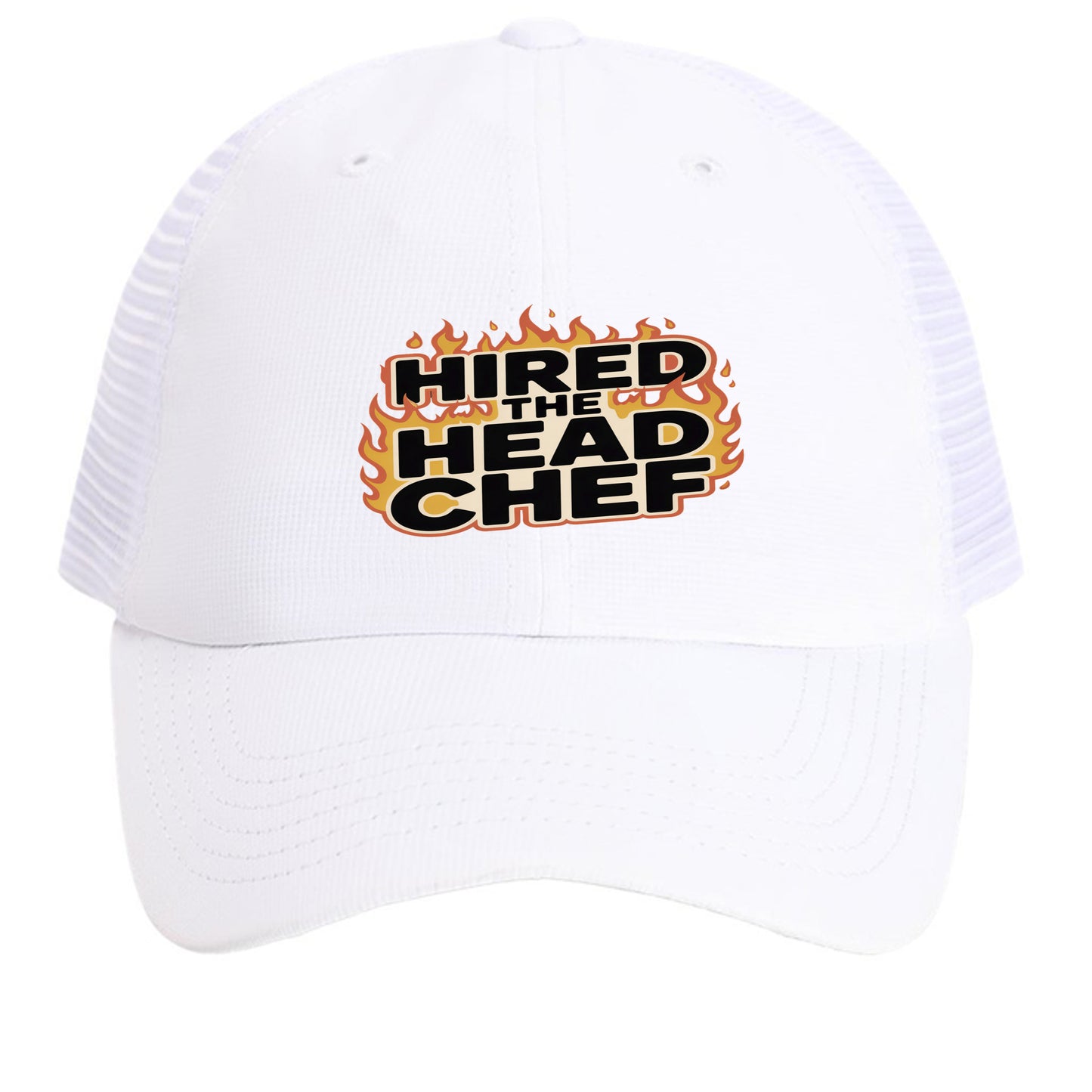 White mesh back cap with “HIRED THE HEAD CHEF” logo on front