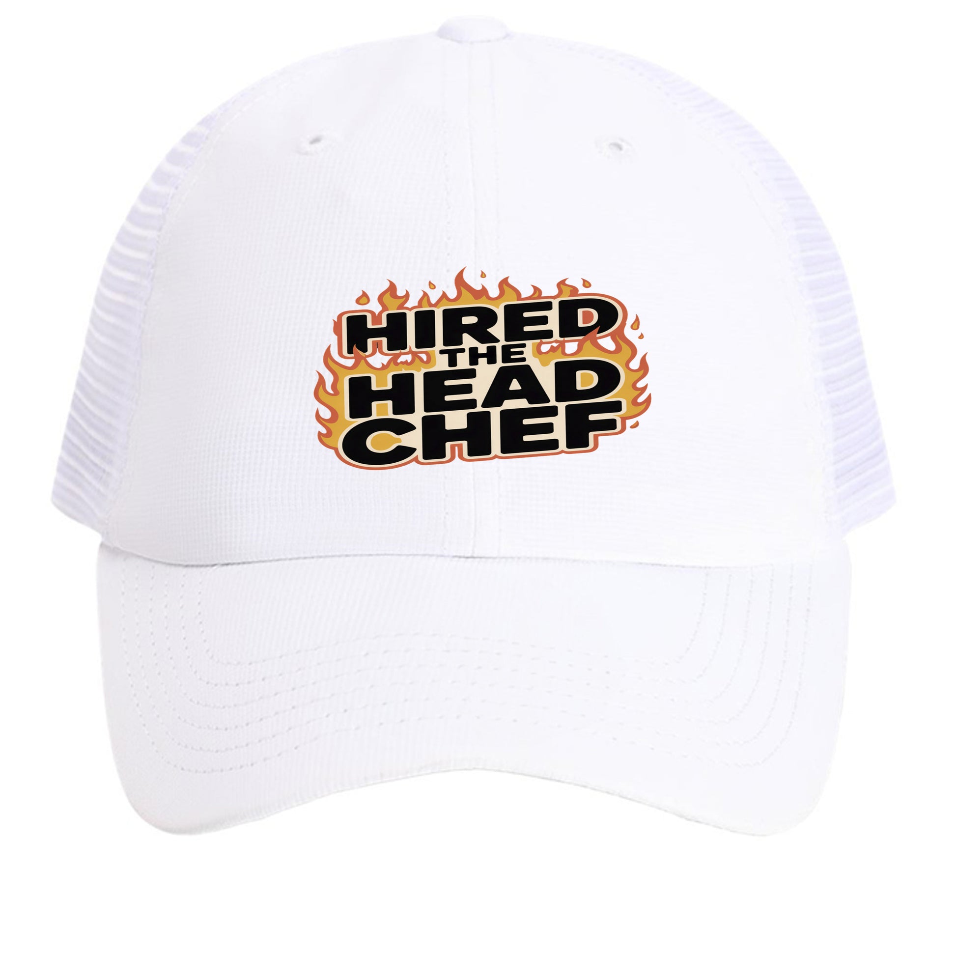 White mesh back cap with “HIRED THE HEAD CHEF” logo on front