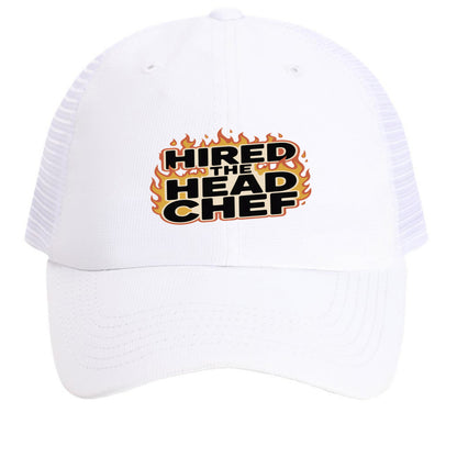 White mesh back cap with “HIRED THE HEAD CHEF” logo on front