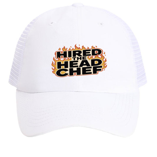 White mesh back cap with “HIRED THE HEAD CHEF” logo on front